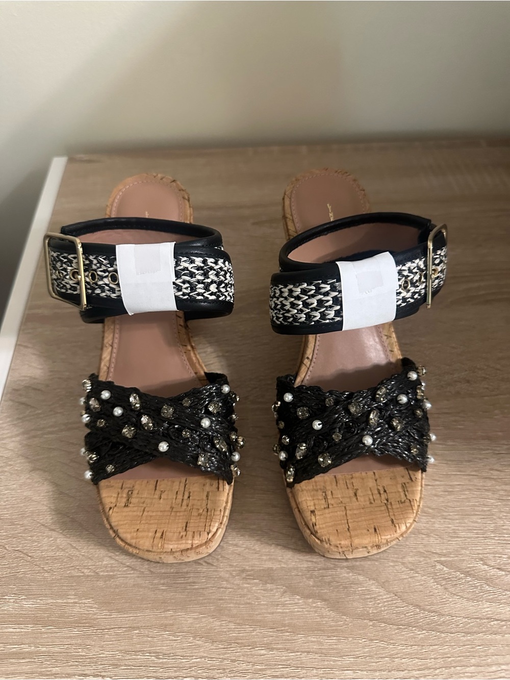 Linea Paolo Varena Raffia woven with Faux Pearl-Embellished Black Wedge Sandals